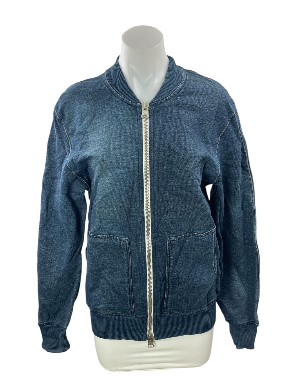 Essentiel Antwerp Women's Blue Zip Up Long Sleeve Pocket Bomber Coat Jacket Sz M